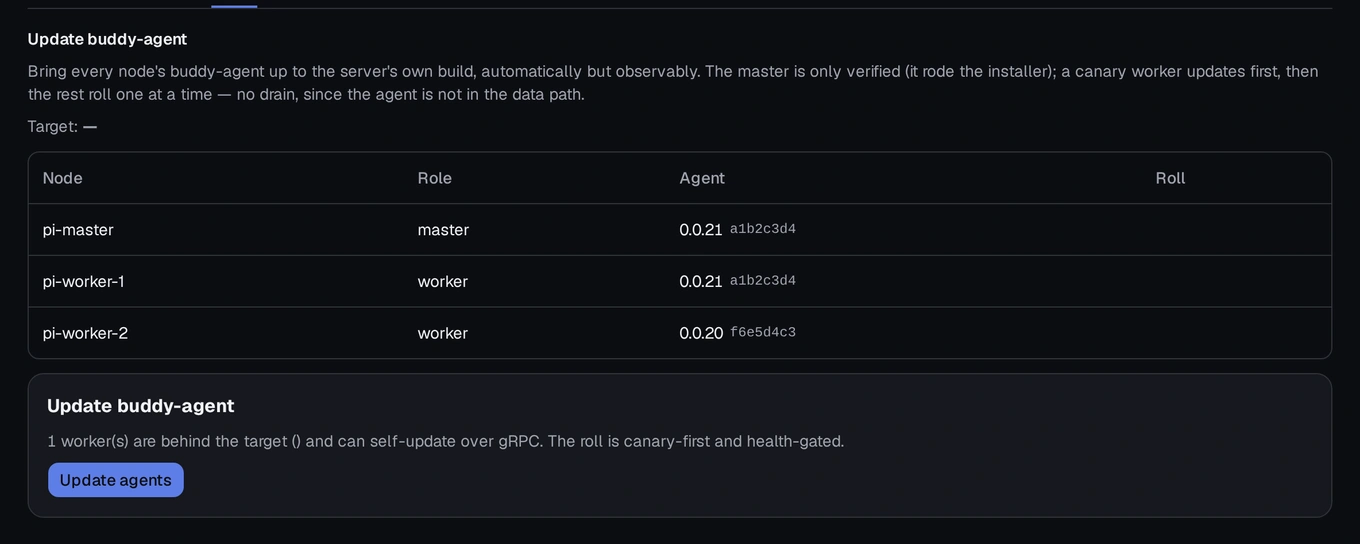 The Cluster Agent screen, listing every node's management-software version