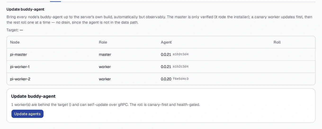 The Cluster Agent screen, listing every node's management-software version