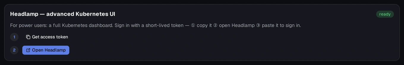 The Headlamp card on the Cluster screen's Kubernetes tab, with its access-token controls