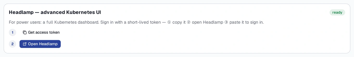 The Headlamp card on the Cluster screen's Kubernetes tab, with its access-token controls