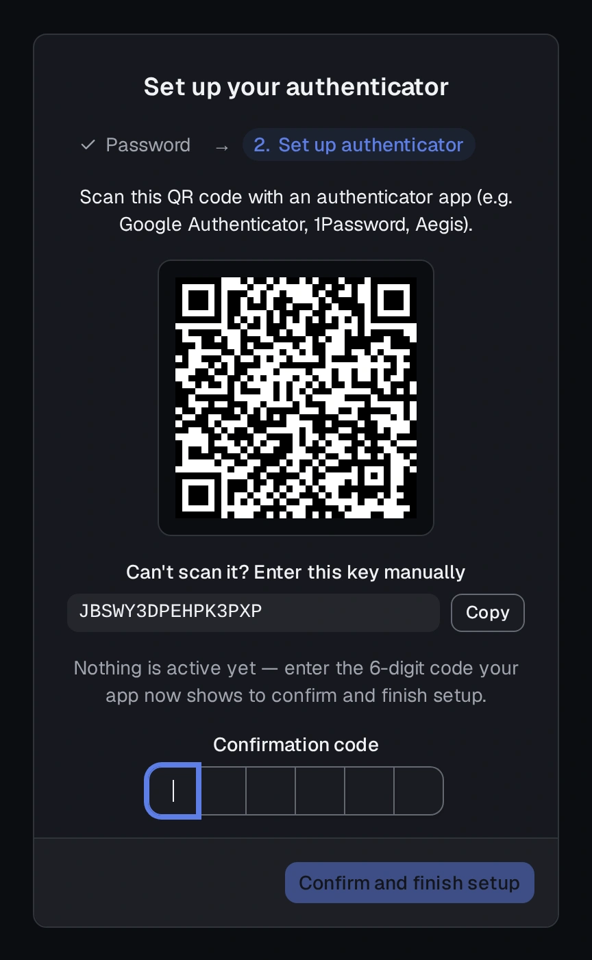 The enrolment screen's QR code and the 6-digit confirmation field