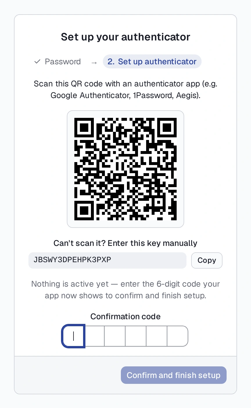 The enrolment screen's QR code and the 6-digit confirmation field