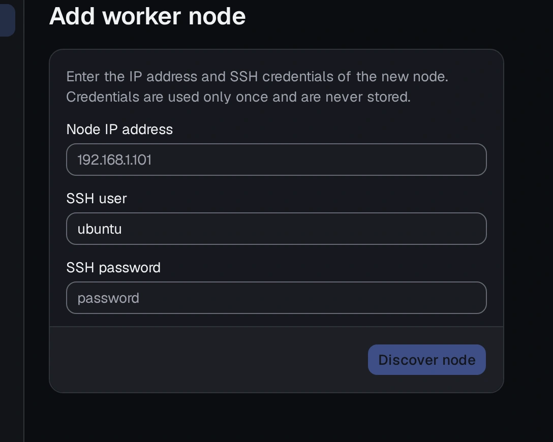 The Nodes screen's Add node form, with the address and credentials fields empty