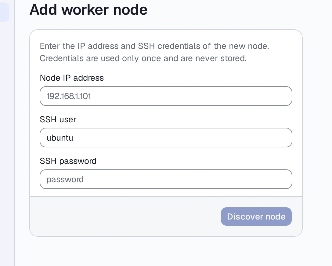 The Nodes screen's Add node form, with the address and credentials fields empty