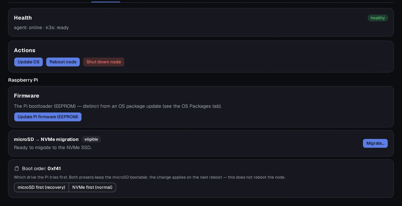 A node's Maintenance screen, showing its health signals and available actions