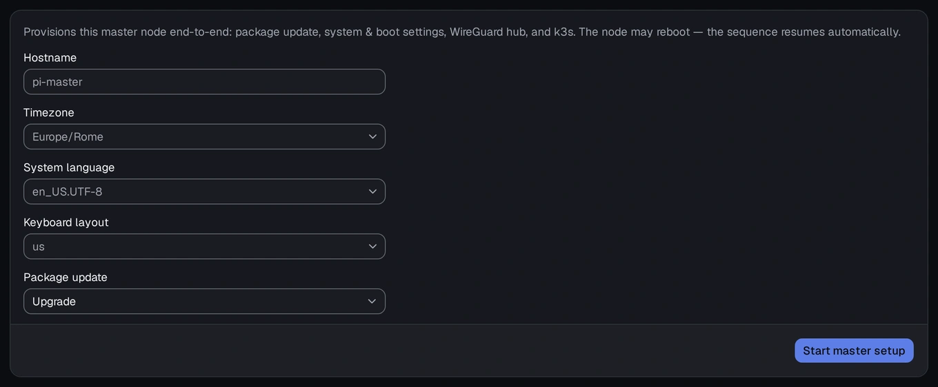 The welcome screen with its single "Start master setup" button