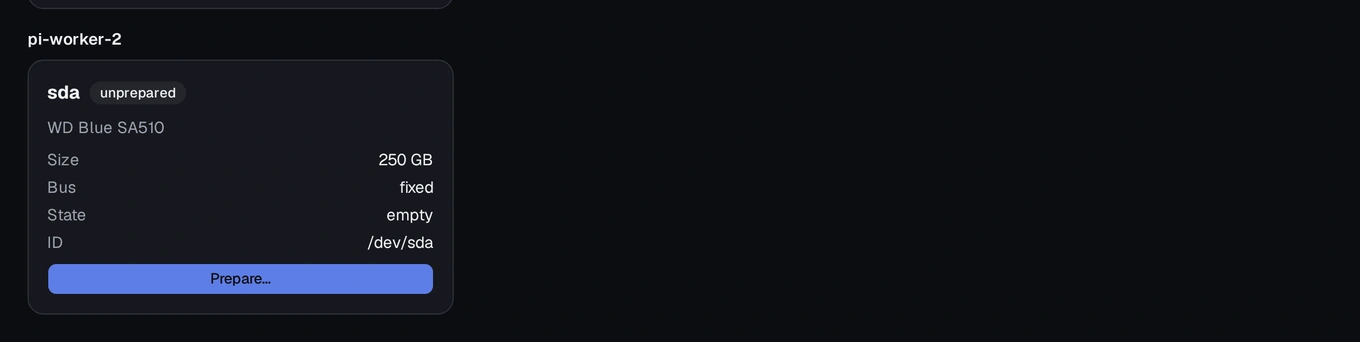 The Storage screen listing an unprepared device under its node